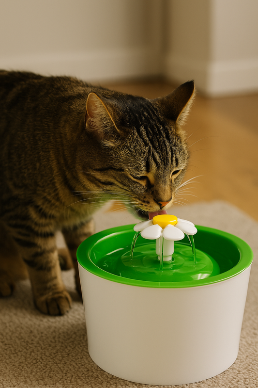 Kat drinkt water uit een katten drinkfontein met bloemvormige spuitkop, perfect gepositioneerd in een warme en natuurlijke huiskameromgeving.