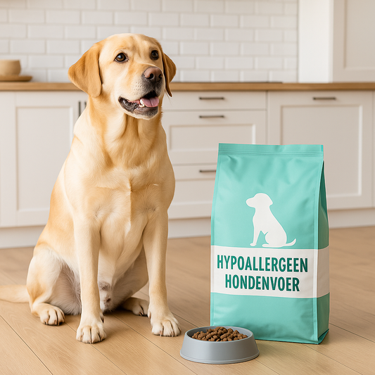 hond met een zak hypoallergeen voer in een nette keuken of woonkamer