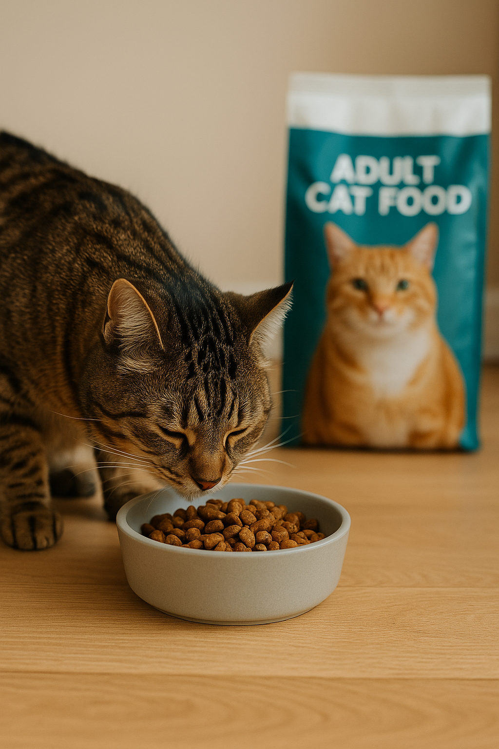 Tabby kat eet uit een grijze voerbak gevuld met brokken, met op de achtergrond een turquoise zak kattenvoer met de tekst 'Adult Cat Food' in een warme, huiselijke setting.
