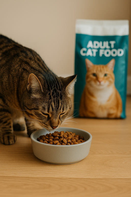 Tabby kat eet uit een grijze voerbak gevuld met brokken, met op de achtergrond een turquoise zak kattenvoer met de tekst 'Adult Cat Food' in een warme, huiselijke setting.