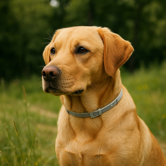 Golden Labrador Retriever zit in een groen natuurgebied met een grijze anti-teken halsband om zijn nek, terwijl zonlicht zijn vacht warm laat oplichten tegen een natuurlijke, bosrijke achtergrond.