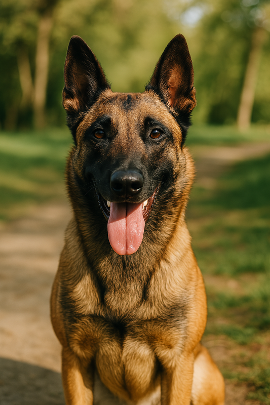 Mechelse Herder tijdens training in een bosrijke omgeving, alert en gefocust met snackbeloning in zicht.