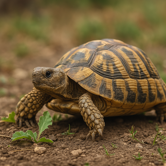 Griekse landschildpad in een zonnig mediterraan landschap, zittend op droge aarde tussen kleine plantjes, met duidelijk zicht op het gele en zwarte schild.