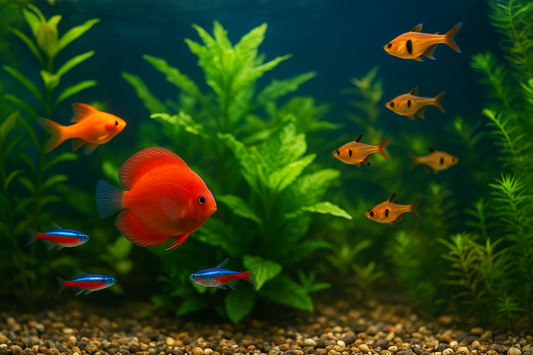 Heldere aquarium met kleurrijke vissen en gezonde planten zonder algen of slakken