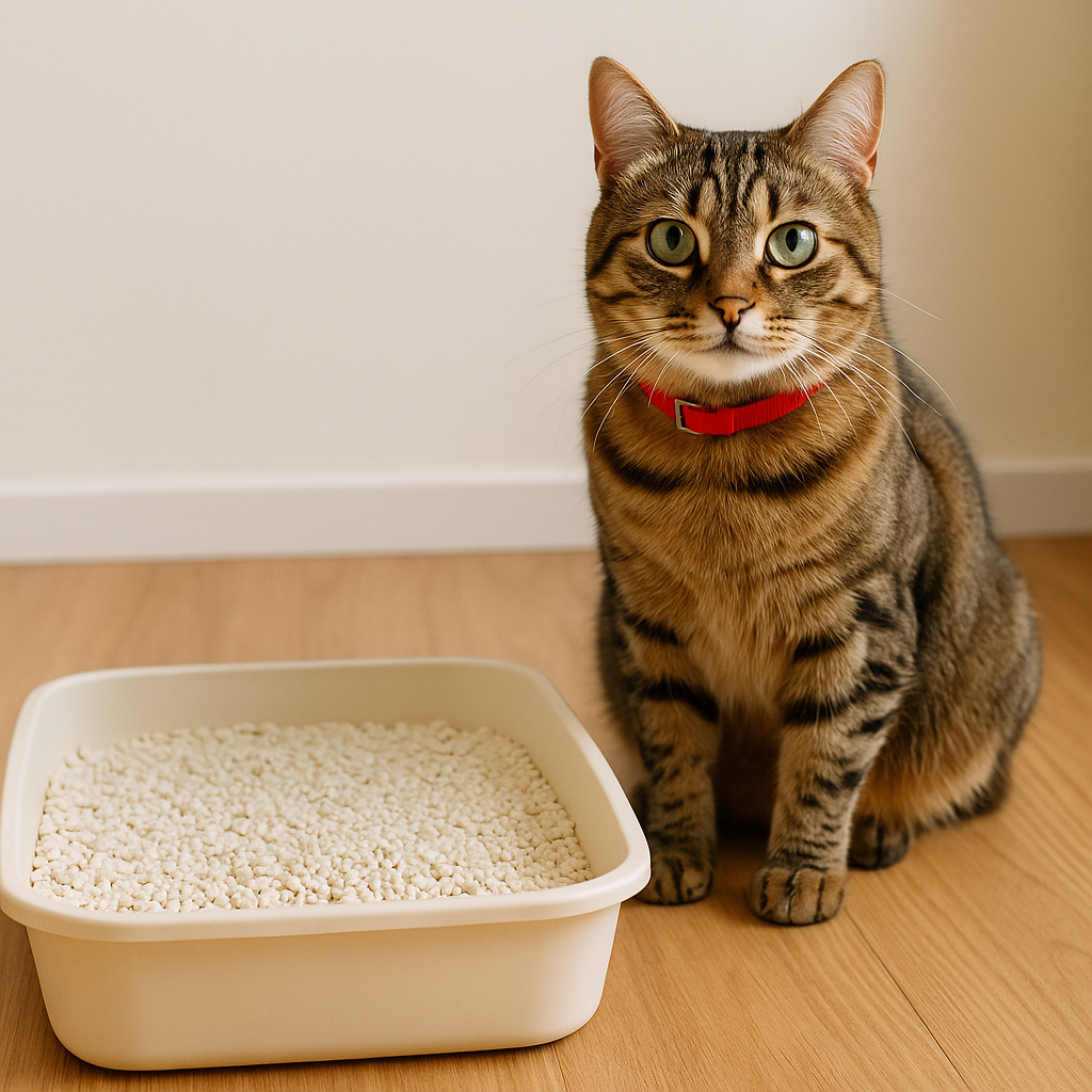 Tabby kat met een rode halsband zit naast een beige kattenbak gevuld met geurloze, witte kattengritkorrels op een houten vloer in een minimalistisch interieur.