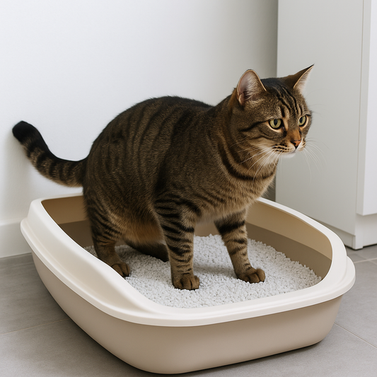 Tabby kat met donkere strepen staat in een beige kattenbak gevuld met geurloze witte kattenbakvulling, in een nette ruimte met lichtgrijze tegels en een witte kast op de achtergrond.