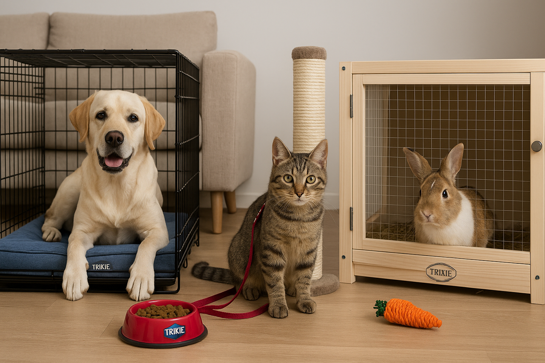 Labrador ligt ontspannen in een Trixie-bench, tabby kat zit met rode lijn voor een krabpaal, en konijn zit in een houten Trixie-ren, allemaal in een warme woonkamer met houten vloer en beige bank op de achtergrond.