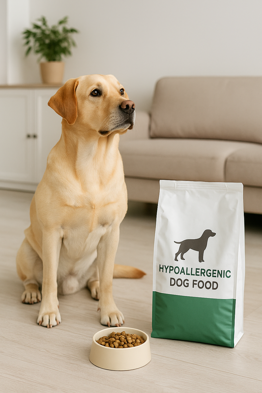 Golden Labrador Retriever zit in een lichte woonkamer naast een zak hypoallergeen hondenvoer en een voerbakje met brokken, tegen een rustige achtergrond met beige bank en houten vloer.