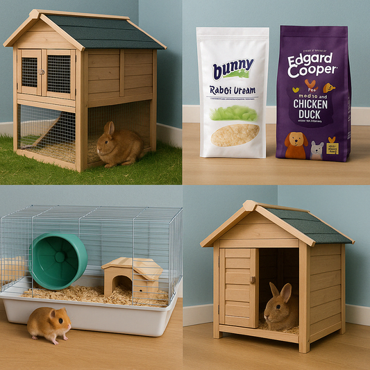 Collage met een buitenkonijnenhok met konijn, zakken Bunny en Edgard & Cooper dierenvoeding, een hamsterkooi met hamster, en een houten nachthok voor konijnen – sfeervol weergegeven tegen een lichtblauwe muur en houten vloer.