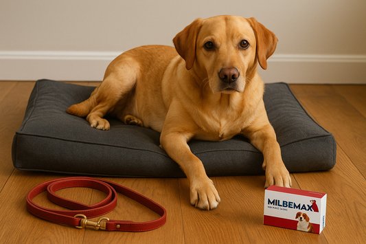 Labrador ligt ontspannen op een donkergrijs hondenkussen, met een rode leren hondenriem en een doosje Milbemax ontwormingstabletten naast zich op een houten vloer, in een warm verlichte woonkamer.