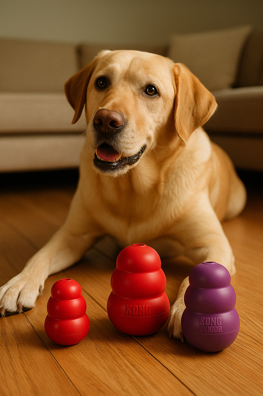 Golden Retriever ligt op een houten vloer in een warme woonkamer, met drie KONG speeltjes (twee rode en één paarse KONG Senior) netjes voor zich uitgestald.