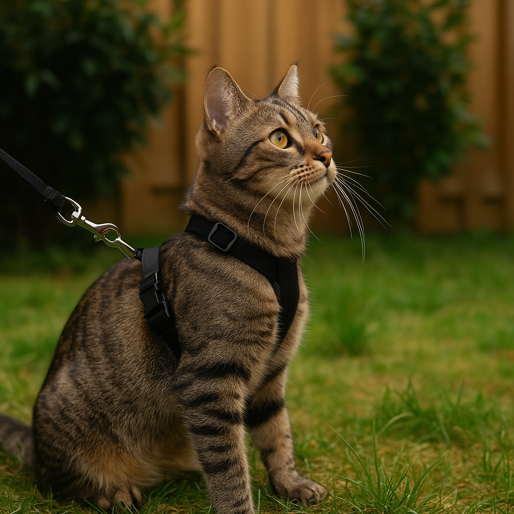 Tabby kat met zwart kattentuigje zit alert in een groene tuin, terwijl de lijn gespannen is en de kat omhoog kijkt naar iets buiten beeld, met zachte achtergrond van houten schutting en struiken.