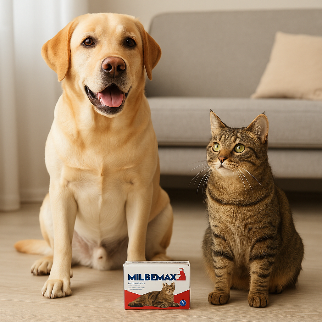 Labrador Retriever en tabby kat zitten naast elkaar op een houten vloer in een lichte woonkamer, met een doosje Milbemax ontwormingstabletten duidelijk zichtbaar tussen hen in, voor een grijze bank met beige kussen.