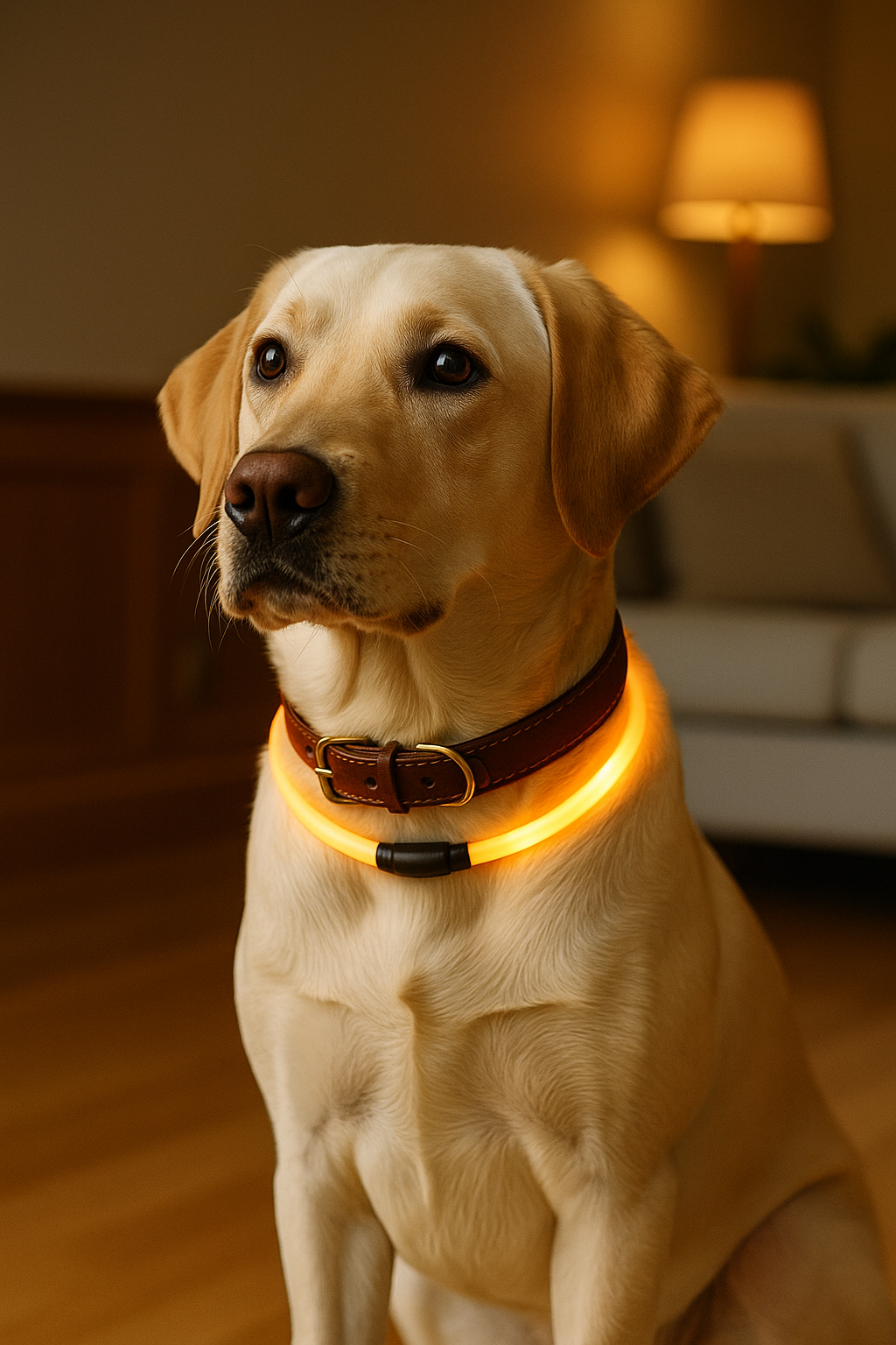 Labrador Retriever zit alert in een warme woonkamer met een bruine leren halsband en een feloranje LED-halsband om zijn nek, sfeervol verlicht tegen een zachte achtergrond met een grijze bank en houten vloer.