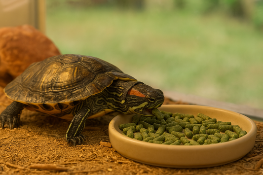 Een waterschildpad die eet van een bakje met Tetra ReptoMin schildpadvoer in een zonnig terrarium.