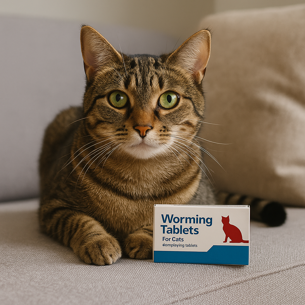 Tabby kat met groene ogen ligt ontspannen op een lichtgrijze bank naast een doosje ontwormingstabletten voor katten, met haar pootjes netjes naast elkaar en de staart om het lichaam gekruld.