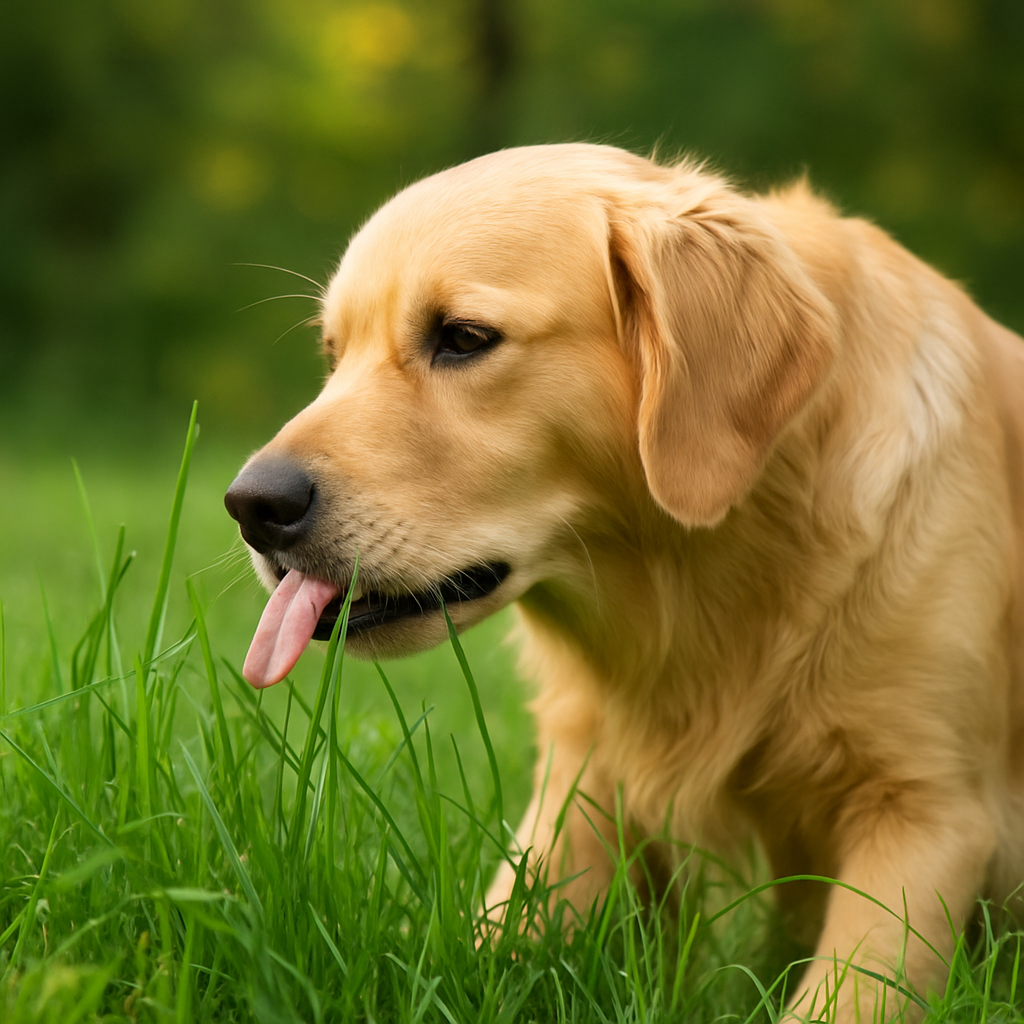 Golden retriever likt aan frisgroen gras in een zonovergoten tuin, met zachte groene achtergrond en gefocuste blik richting de grond, als natuurlijke reactie op zijn omgeving.