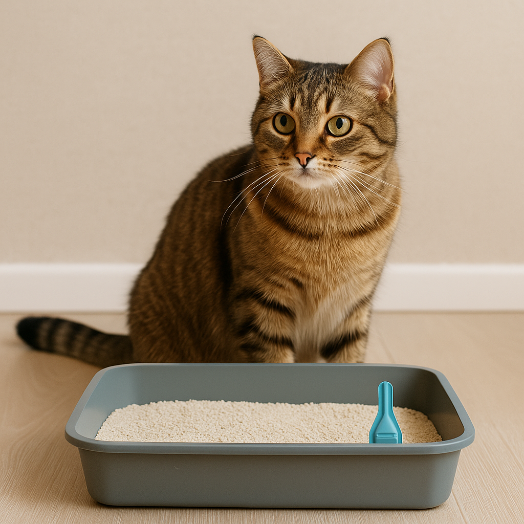 Tabby kat zit naast een blauwe kattenbak gevuld met lichtkleurig kattengrit, op een houten vloer in een rustige ruimte met neutrale wandkleur en zacht daglicht.