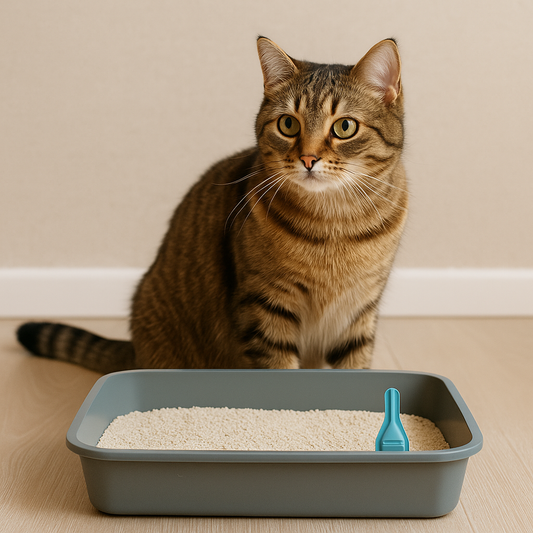 Tabby kat zit naast een blauwe kattenbak gevuld met lichtkleurig kattengrit, op een houten vloer in een rustige ruimte met neutrale wandkleur en zacht daglicht.
